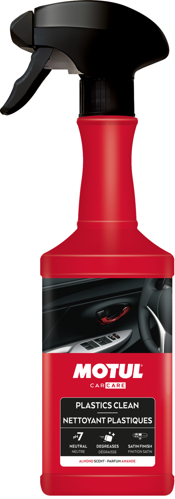 Motul Plastics Cleaner 500ml bottle for detailing, with a clear label and spray nozzle, designed to clean plastic surfaces effectively.
