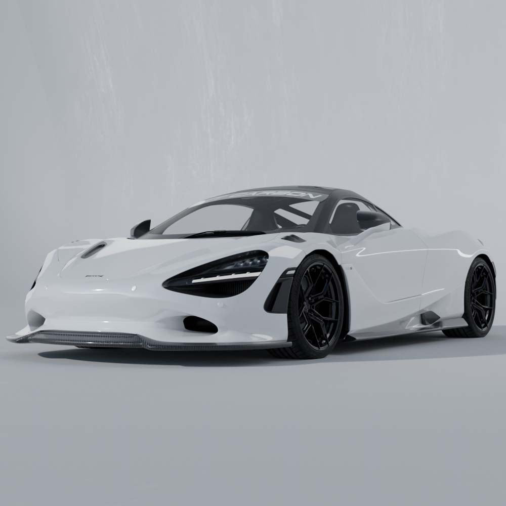 CT Carbon McLaren 750S carbon fiber full kit with detailed panels and aerodynamic components, showcasing high-quality craftsmanship.
