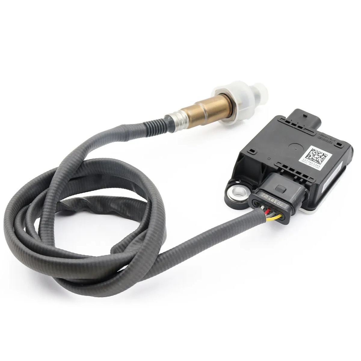 Genuine BMW diesel particulate sensor for 1, 2, 3, and 4 Series, exhaust sensor showing metallic sensor component and wiring.
