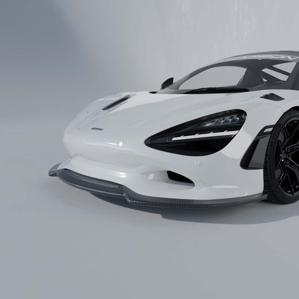 CT Carbon McLaren 750S carbon fiber full kit with detailed components, showcasing sleek, high-quality carbon fiber craftsmanship.