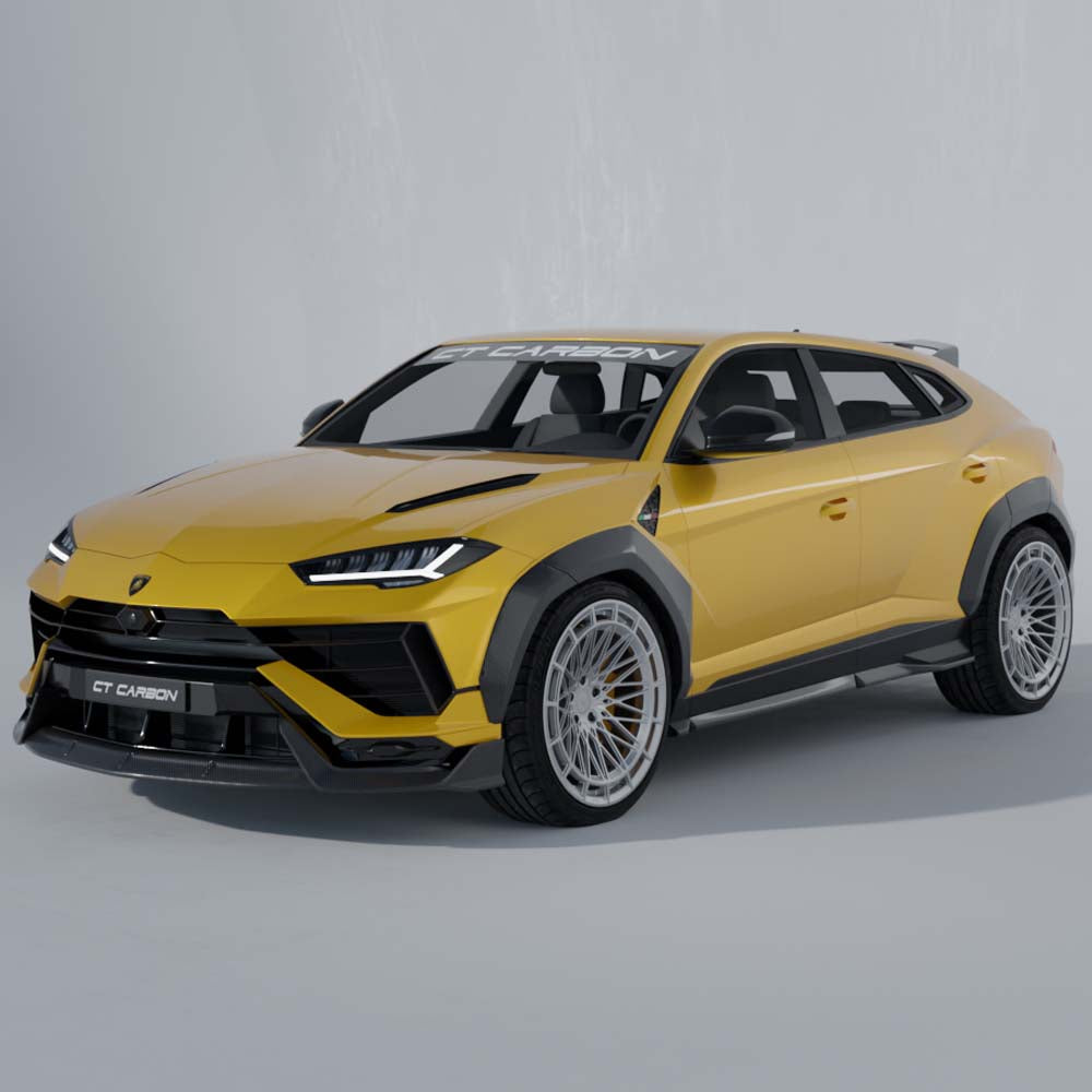 Lamborghini Urus S CT Design dry carbon fibre splitter with aerodynamic fins, mounted on front of luxury SUV.