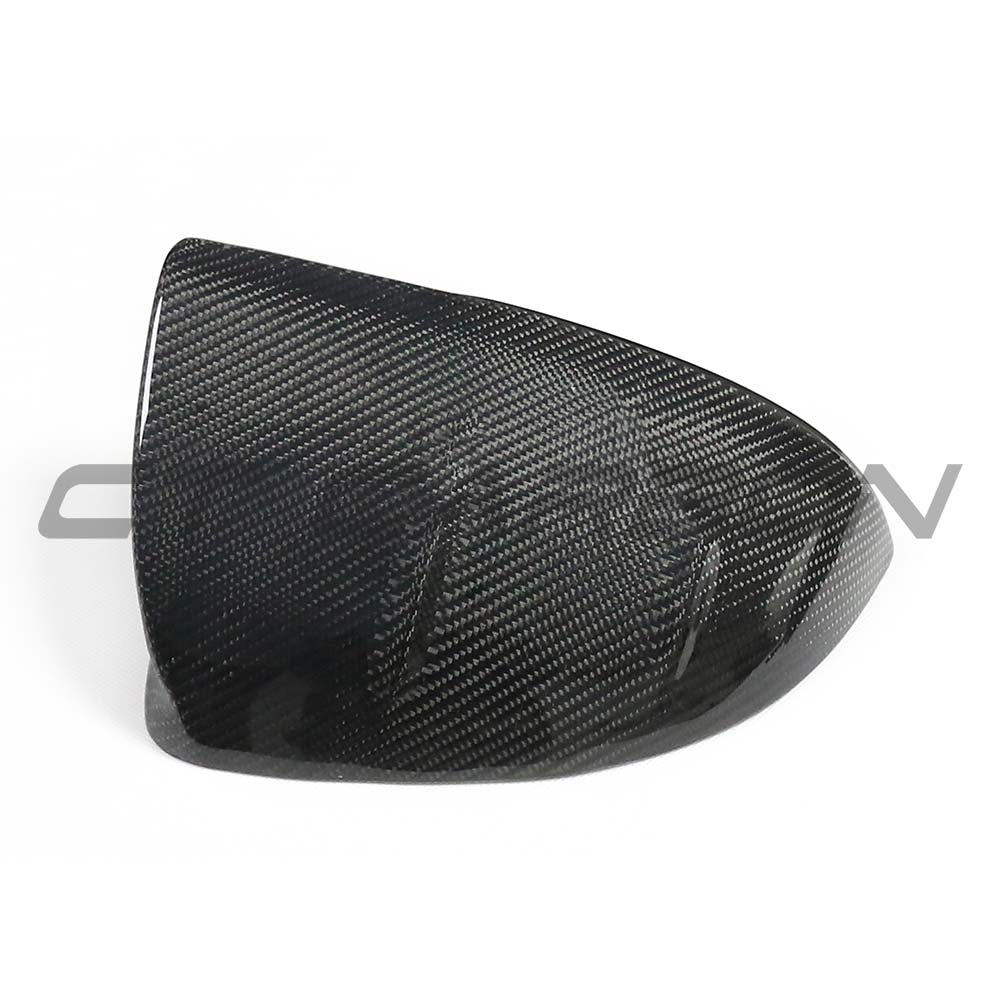 Mercedes C Class W206 2021-2023 dry carbon fiber mirror cover replacements by CT Carbon, detailed view of sleek mirror covers.