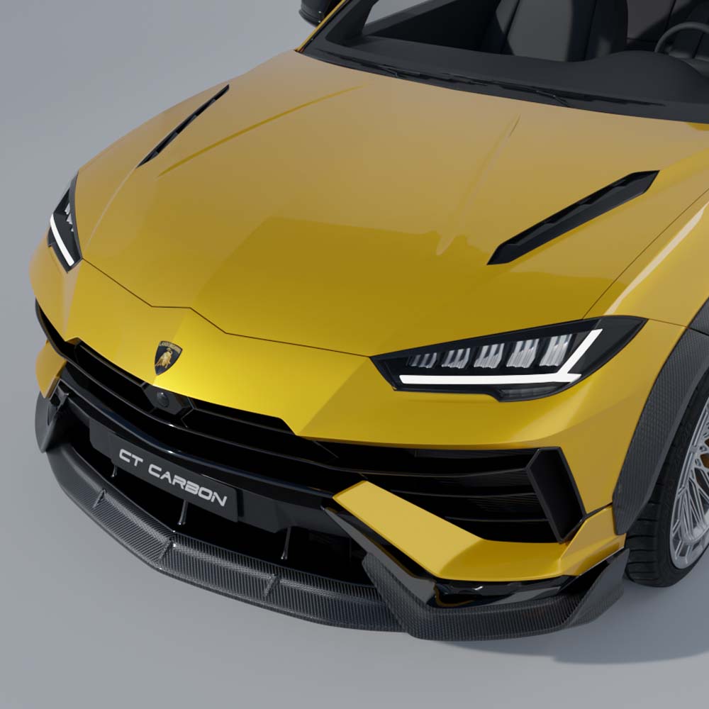 CT Carbon Lamborghini Urus S dry carbon fiber splitter mounted on the front of the SUV, showcasing sleek, lightweight aerodynamic design.