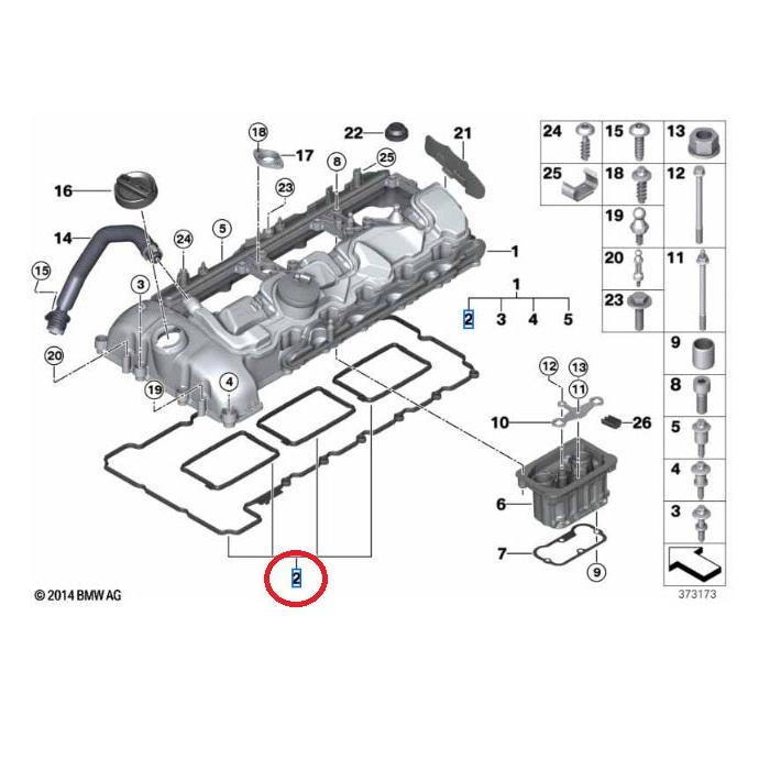 Genuine BMW N55 and S55 rocker cover gasket, engine parts, with black rubber seal and metal housing, for BMW engine maintenance.