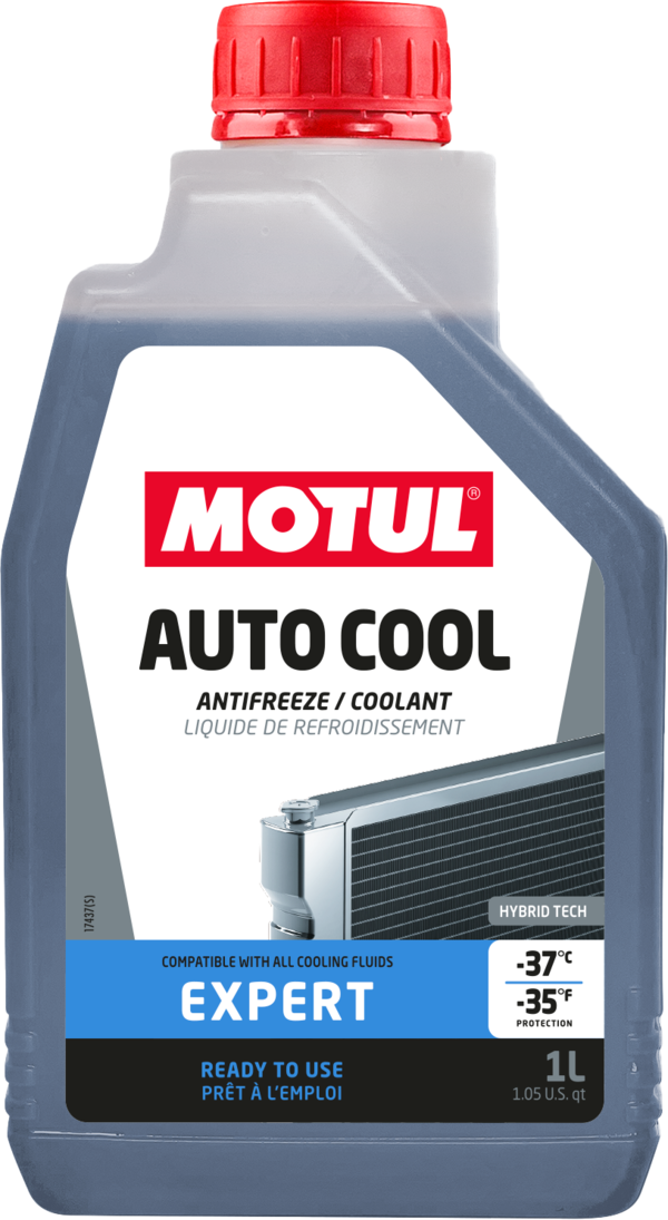 Motul Auto Cool Expert antifreeze coolant bottle with 1 liter capacity, designed to prevent freezing down to -37°C.