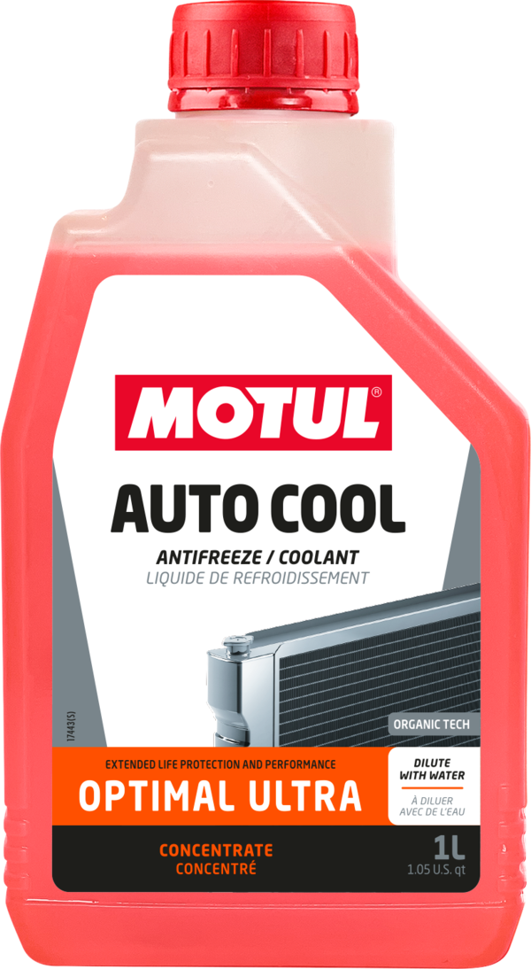 Motul Auto Cool Optimal Ultra antifreeze coolant bottle showing a 1-liter container with blue liquid and product label.