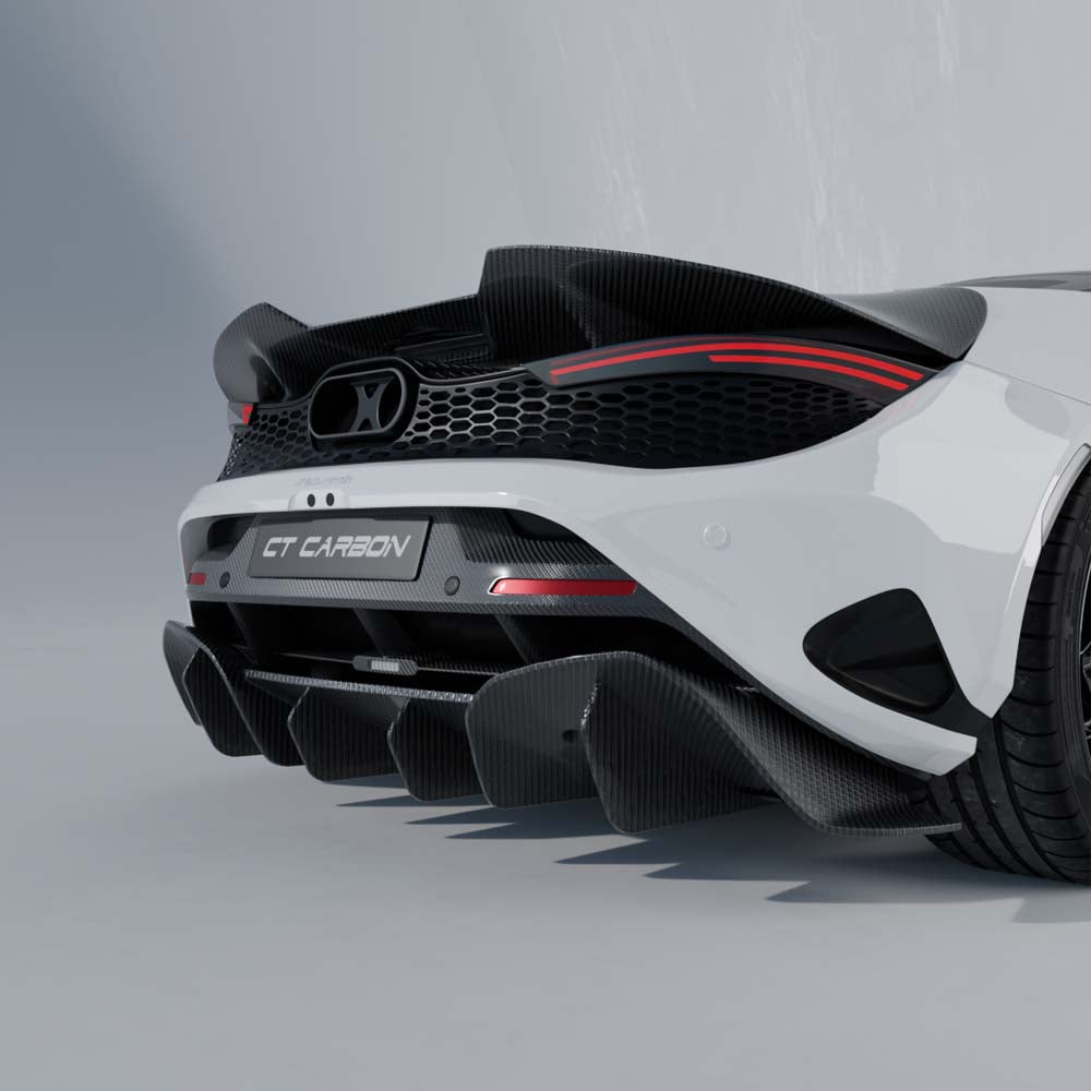 CT Carbon McLaren 750S carbon fibre full kit installed on the car, showcasing sleek, lightweight carbon fibre components.