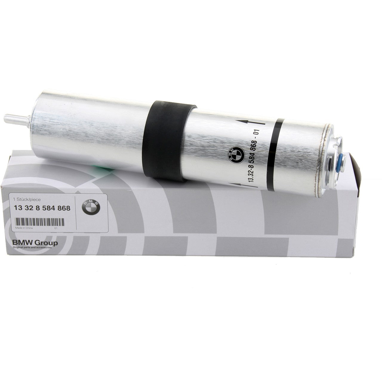 Genuine BMW fuel filter B37 B47 model 13328584868, automotive part for clean fuel delivery, shown in a detailed close-up image.