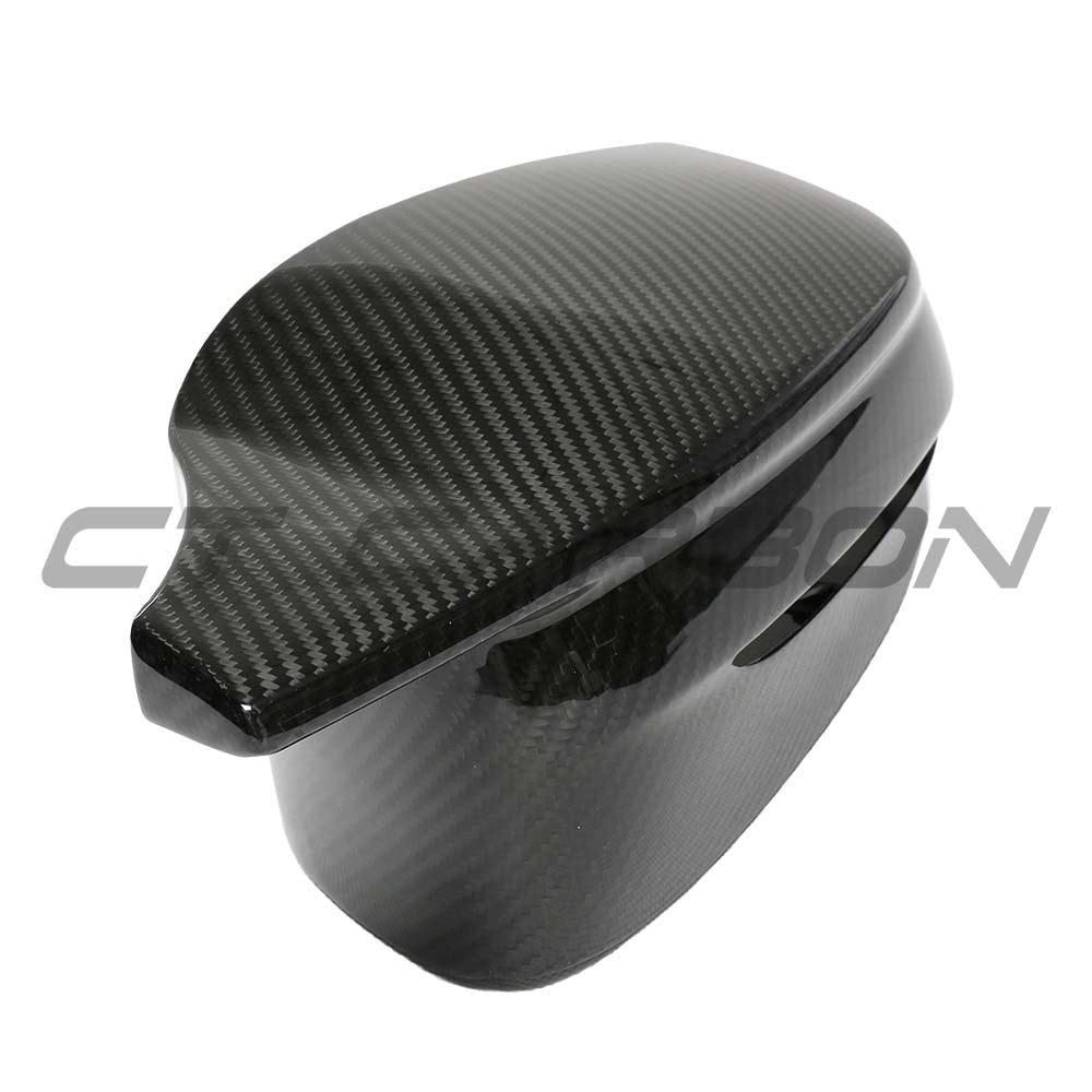 BMW G14/G15/G16 8 Series RHD dry carbon fiber mirror cover replacements by CT Carbon, showing sleek mirror covers on vehicle.