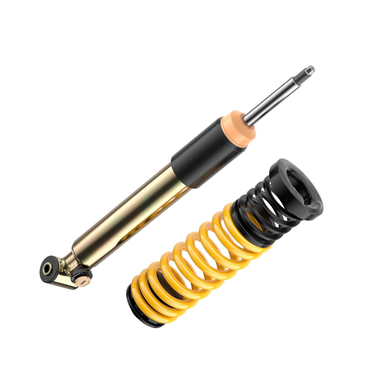 ST Suspension ST XTA plus coilovers with adjustable damping and top mounts for BMW F87 M2 and M2 Competition, close-up view.