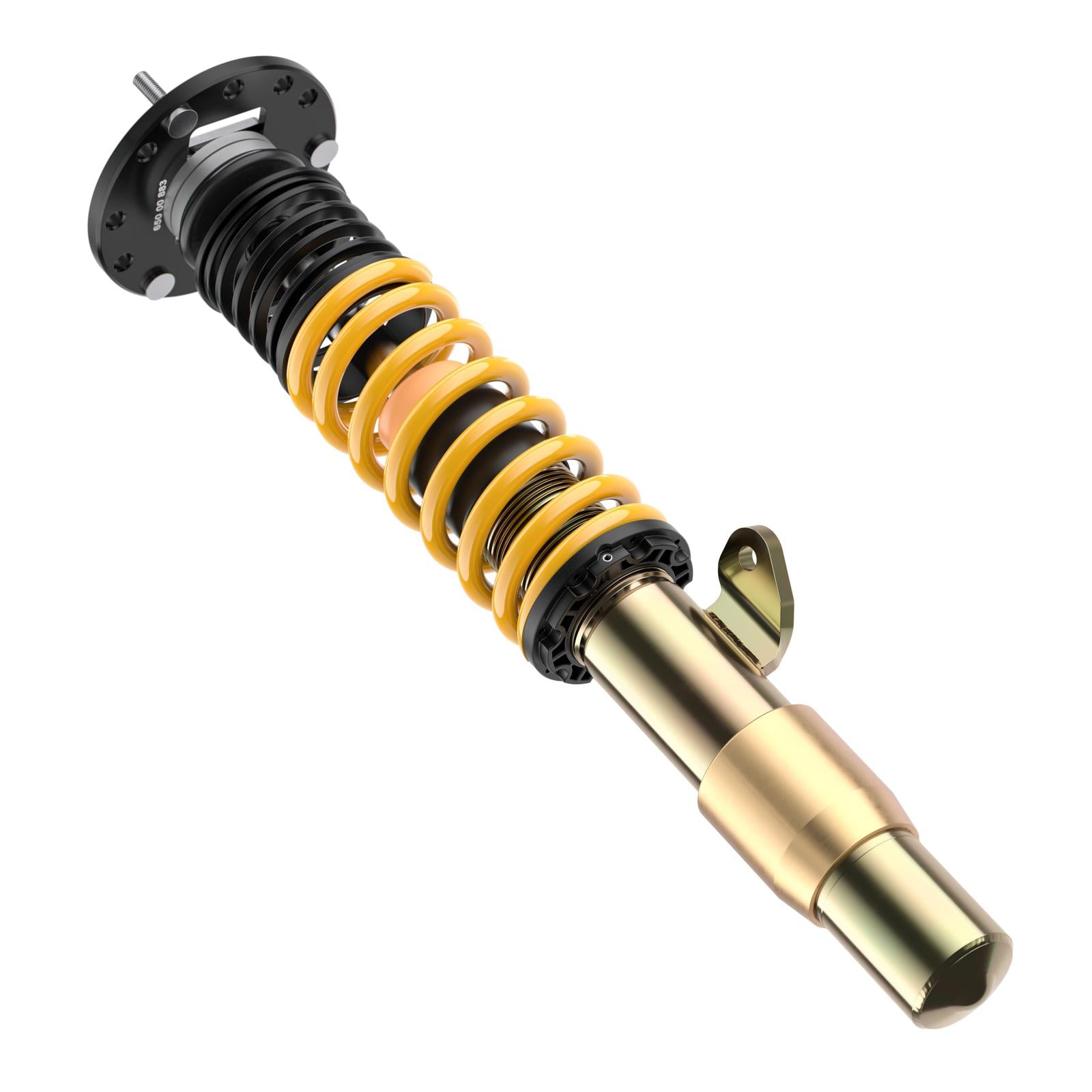 ST Suspension ST XTA coilovers with adjustable damping and top mounts installed on a BMW E92/E90 M3, showcasing the suspension components.