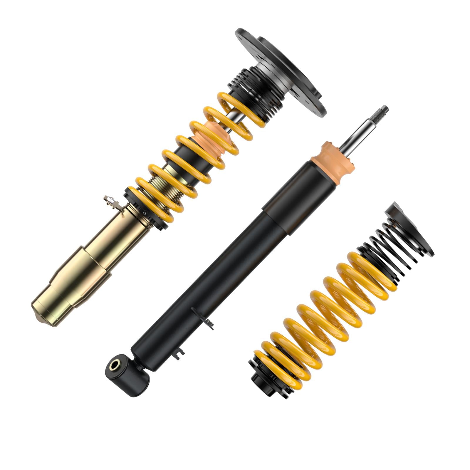 ST Suspension coilovers for BMW F80 M3, F82 M4, F83 M4 with adjustable damping and top mounts, shown installed on the vehicle.