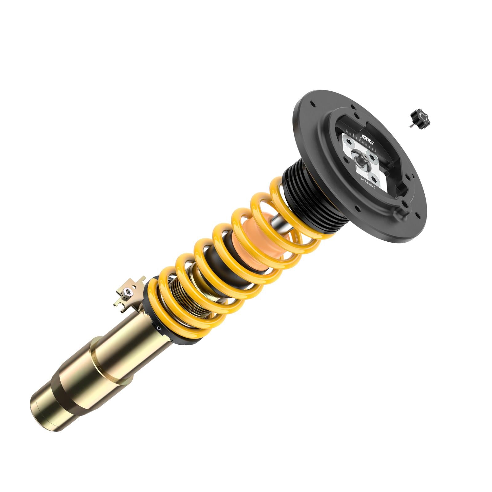 ST Suspension coilovers for BMW F80 M3, F82 M4, F83 M4 with adjustable damping and top mounts, shown installed on vehicle.