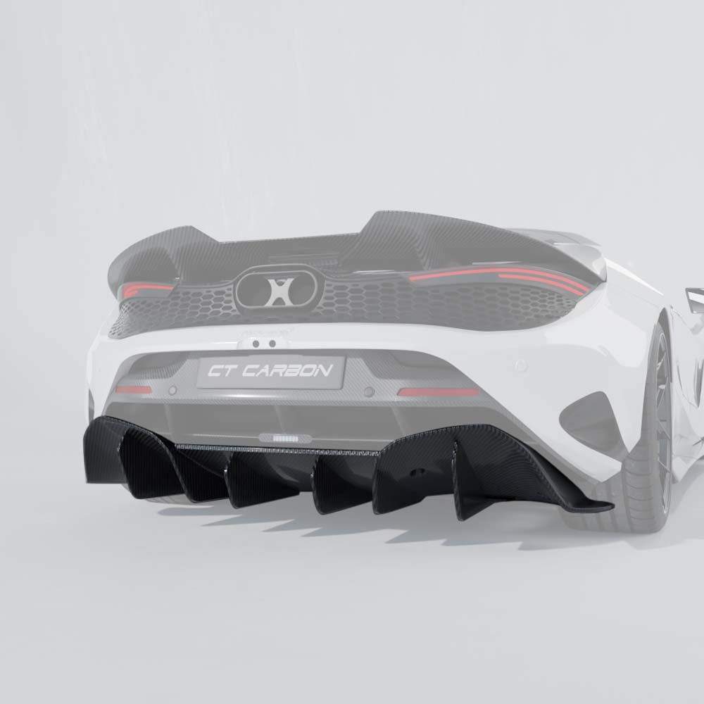 CT Carbon McLaren 750S carbon fibre full kit, including various body panels and accents, displayed on a white background.