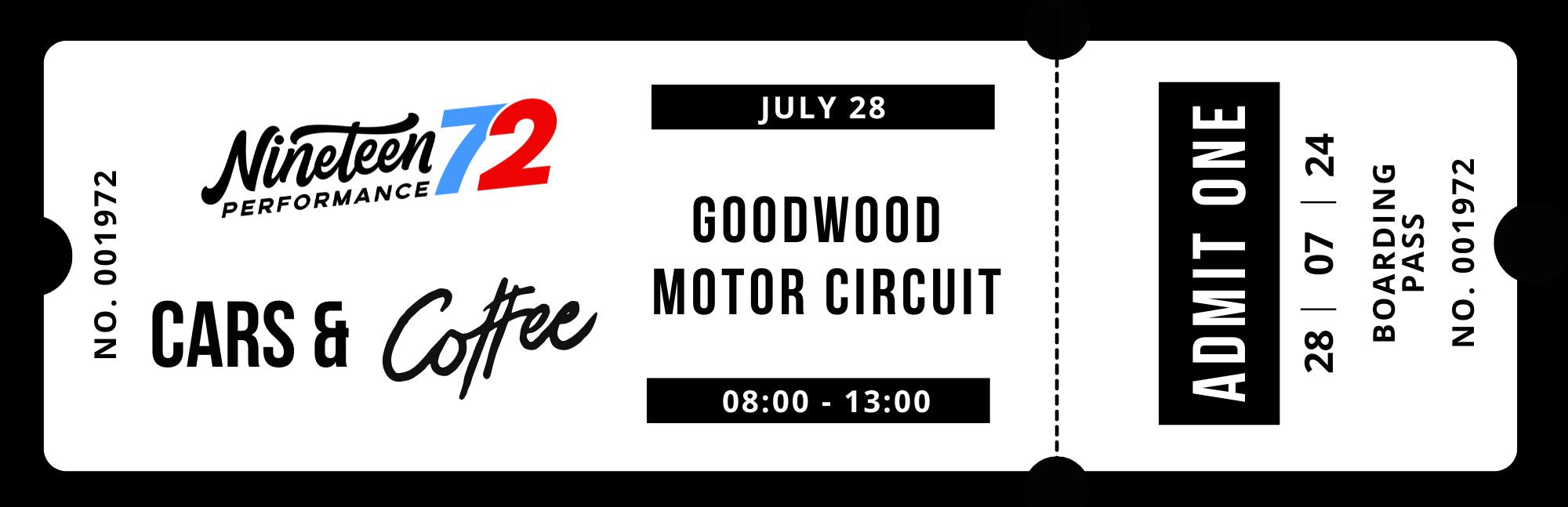 Nineteen72 Performance vehicle tickets for Cars & Coffee event at Goodwood Motor Circuit on 28/07/24, showing event details and branding.