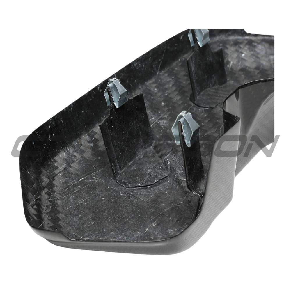 BMW F9X M5 and M8 carbon fibre engine bay trim accessory by CT Carbon, right side view showing sleek carbon fiber finish.