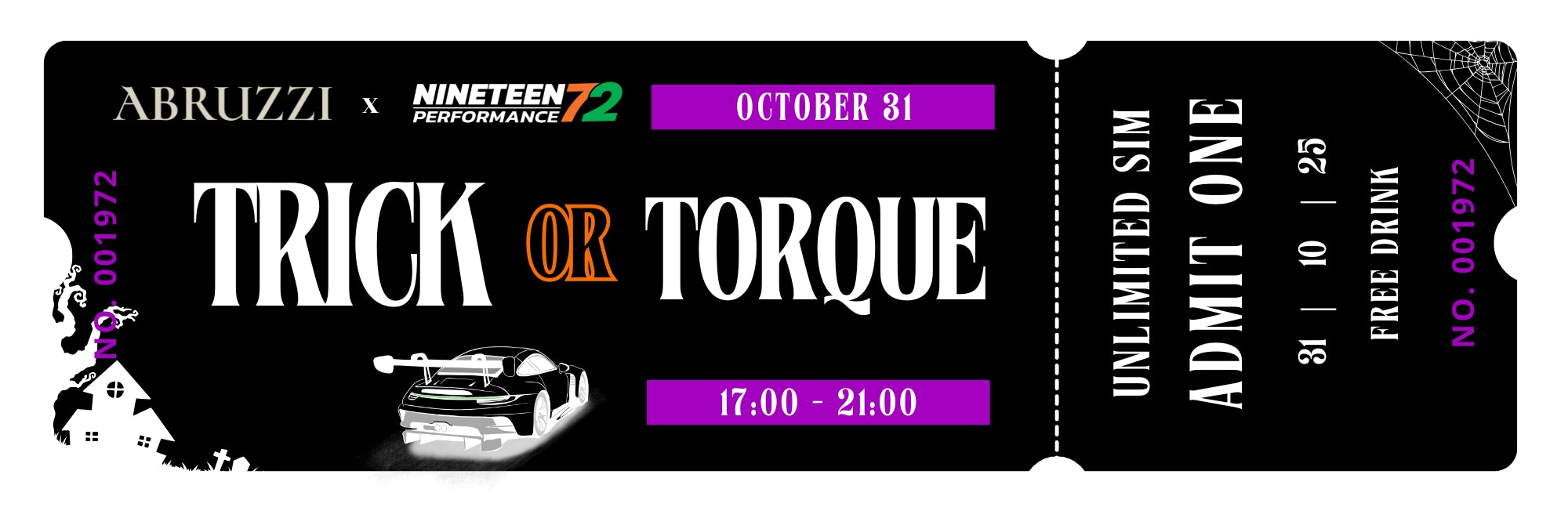 Nineteen72 Ticket - Trick or Torque at Abruzzi- 31/10/25 - Nineteen72 Performance