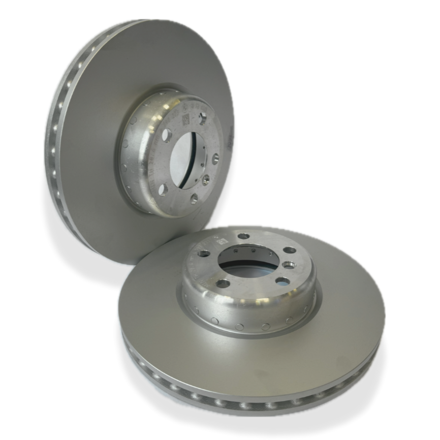 Two metallic brake rotors on a white background