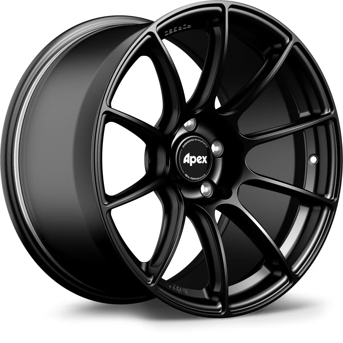 Apex SM-10RS forged alloy wheels with a sleek multi-spoke design, shown in a close-up view highlighting their finish and style.