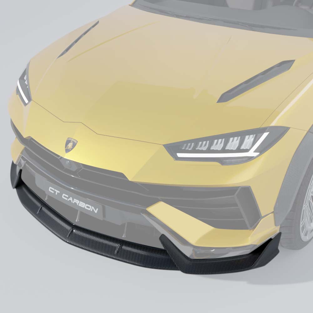 CT Carbon Lamborghini Urus S dry carbon fibre splitter installed on front bumper, showcasing sleek, lightweight automotive aerodynamic design.