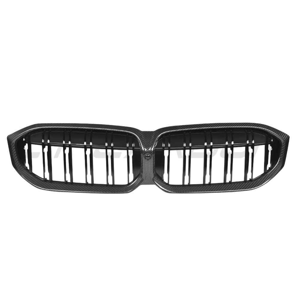 BMW 3 Series G20 G21 LCI 2022+ Carbon Fibre Double Slat Grille by CT Carbon showing close-up of black carbon fiber grille with double slats