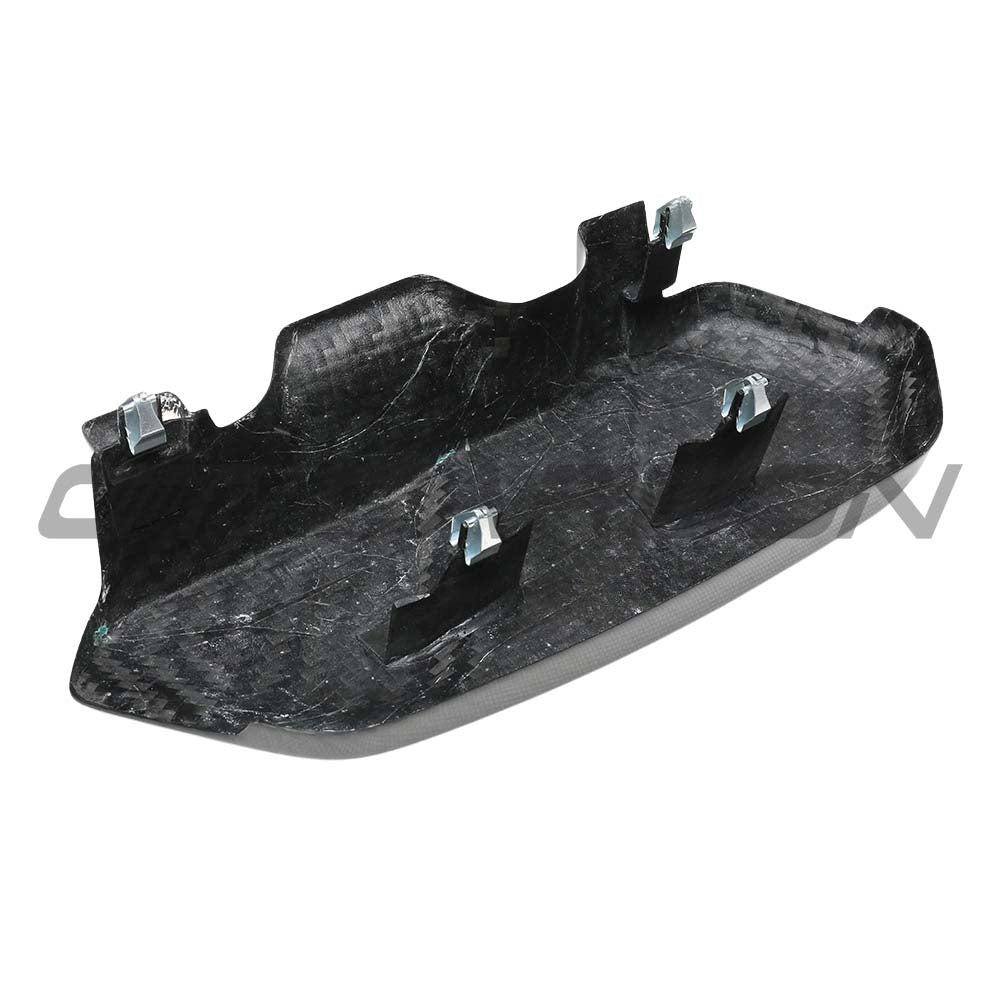 BMW F9X M5 and M8 carbon fiber engine bay trim accessory by CT Carbon, right side view showing sleek, textured finish.