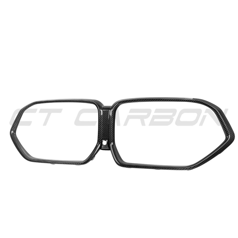 BMW X5M F95 and X6M F96 2023+ LCI OEM-style pre-preg carbon fibre grille frame by CT Carbon, showcasing sleek black design.
