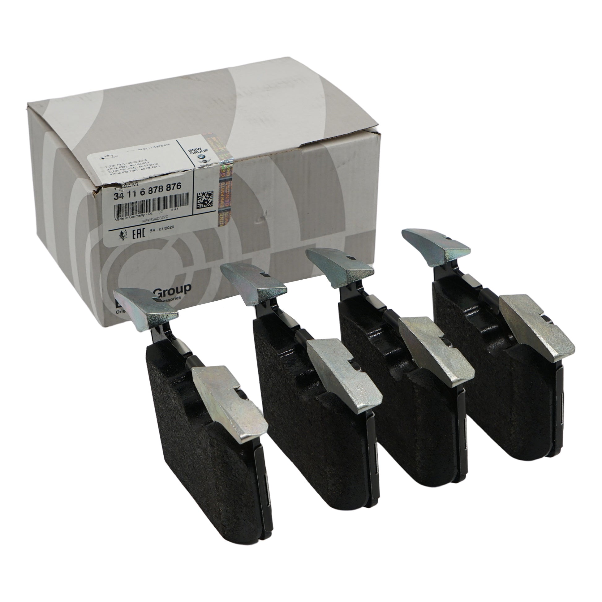 Set of genuine bmw brake pads with a box labeled 'Group' on a white background