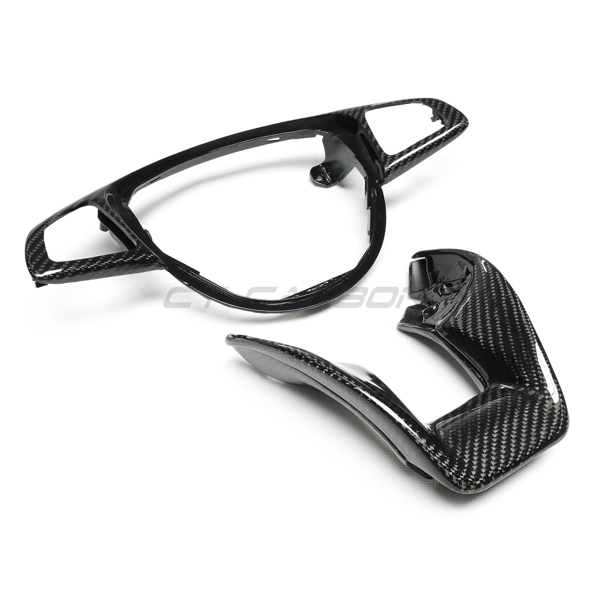 Mercedes AMG carbon fiber steering wheel trim accessory by CT Carbon, close-up view of sleek, lightweight carbon fiber finish.