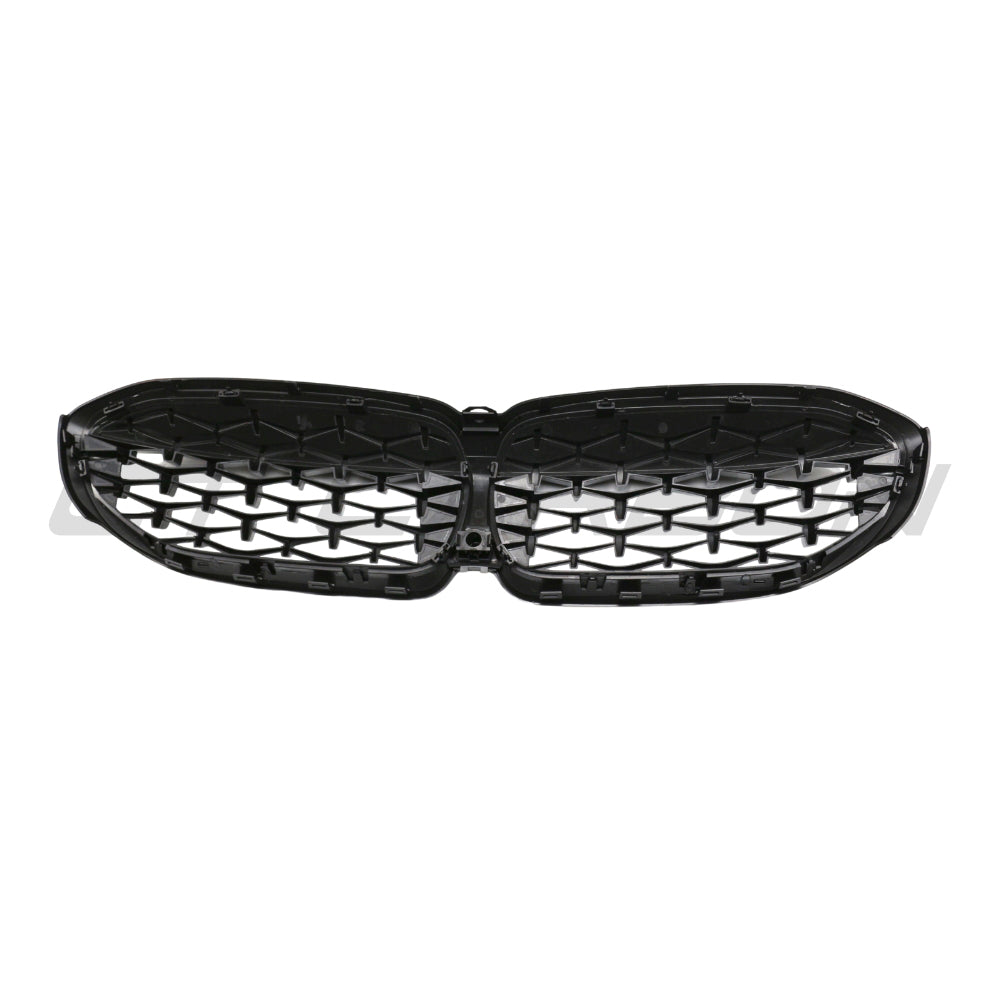 BMW 3 Series G20 G21 2018-2022 Pre-LCI gloss black grille by CT Carbon, close-up of the sleek, shiny front grille design.