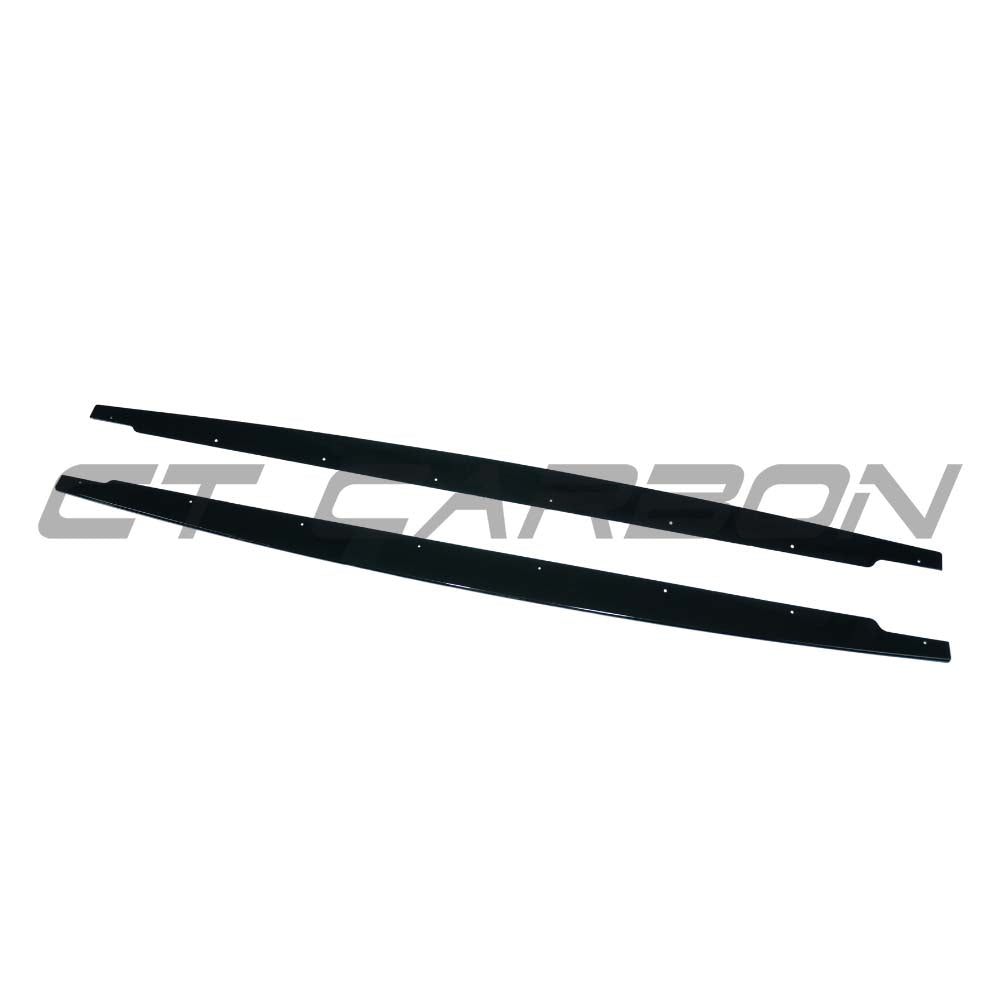 BMW 3 Series E90/E91 2005-2013 gloss black side skirts by CT Carbon, showcasing sleek aerodynamic design.