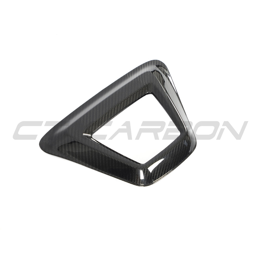 Toyota Supra 2019+ A90 carbon fiber rain light cover accessory by CT Carbon, showing the sleek, lightweight design on the car.