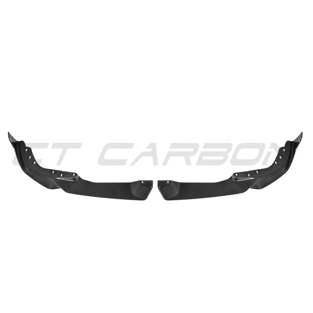BMW 3 Series G20 G21 2022+ LCI CT Carbon carbon fibre splitter installed on front bumper, showcasing sleek aerodynamic design.
