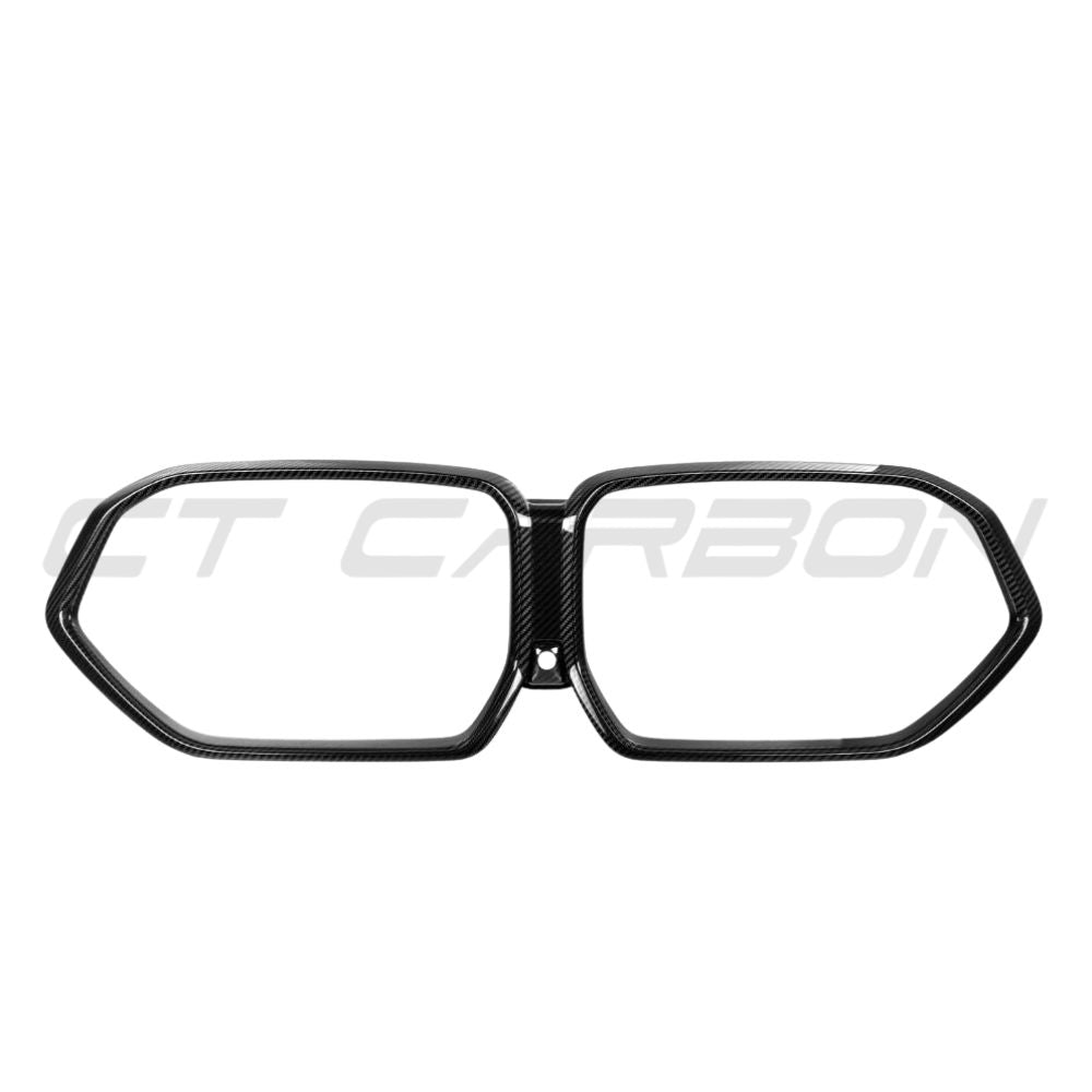 BMW X5M F95 & X6M F96 2023+ LCI OEM style pre-preg carbon fiber grille frame by CT Carbon, showing close-up of sleek grille design