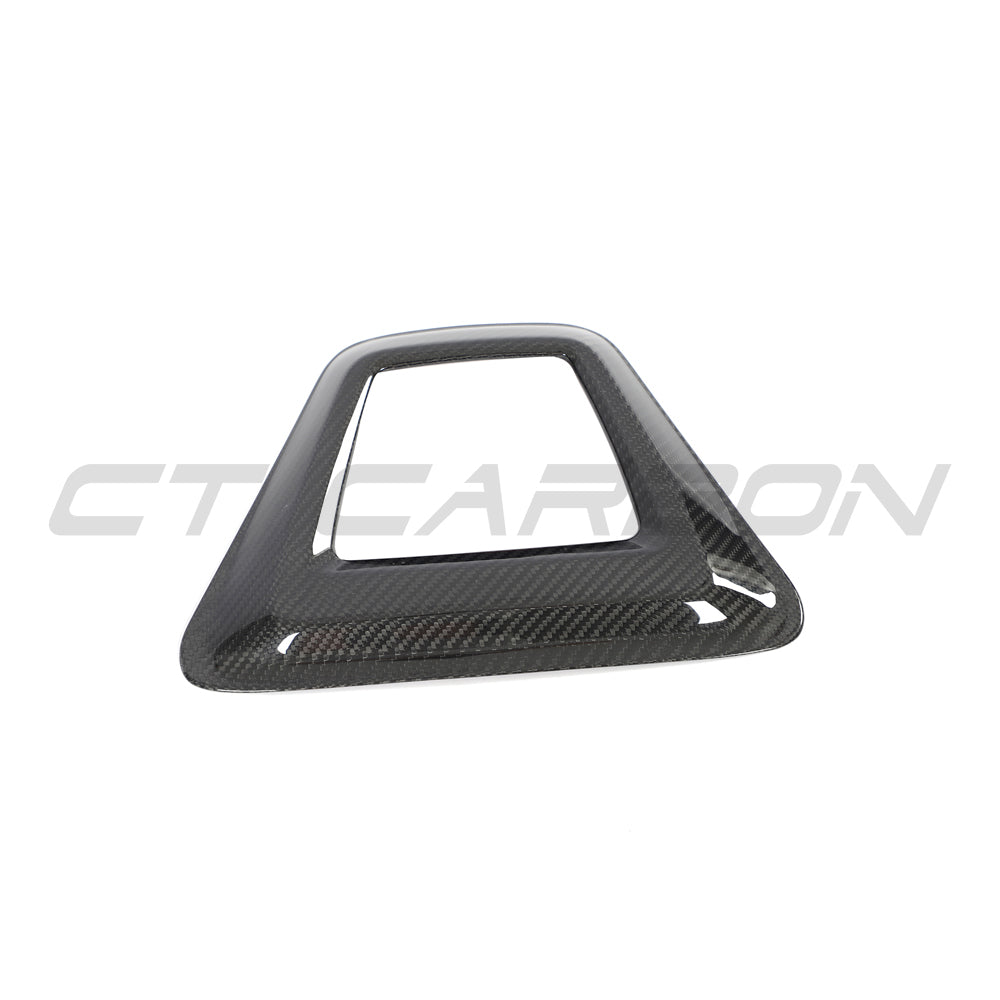 Toyota Supra 2019+ A90 carbon fiber rain light cover accessory by CT Carbon, showing the sleek, textured carbon fiber surface.