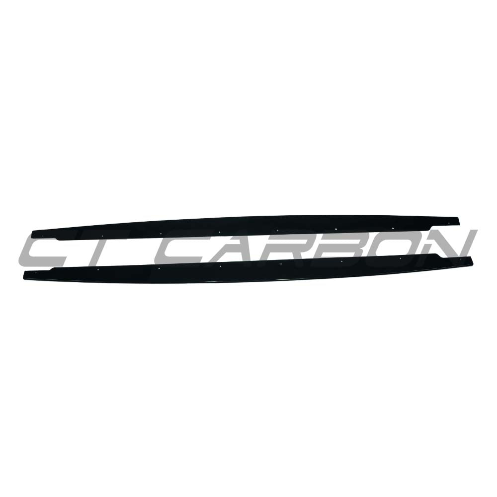 BMW 3 Series E90/E91 2005-2013 gloss black side skirts by CT Carbon, showing sleek aerodynamic design and fitment details.