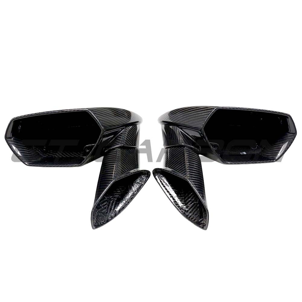 CT Carbon Lamborghini Huracan 2014-2024 dry carbon mirror cover replacements, close-up of sleek, high-quality automotive mirrors.