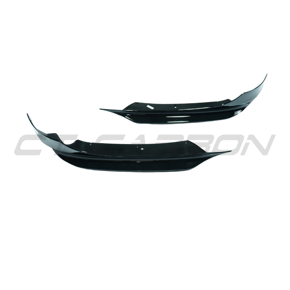 BMW E90/E91 3 Series LCI SE 2009-2011 gloss black splitter corners by CT Carbon, designed for sporty front-end enhancement.