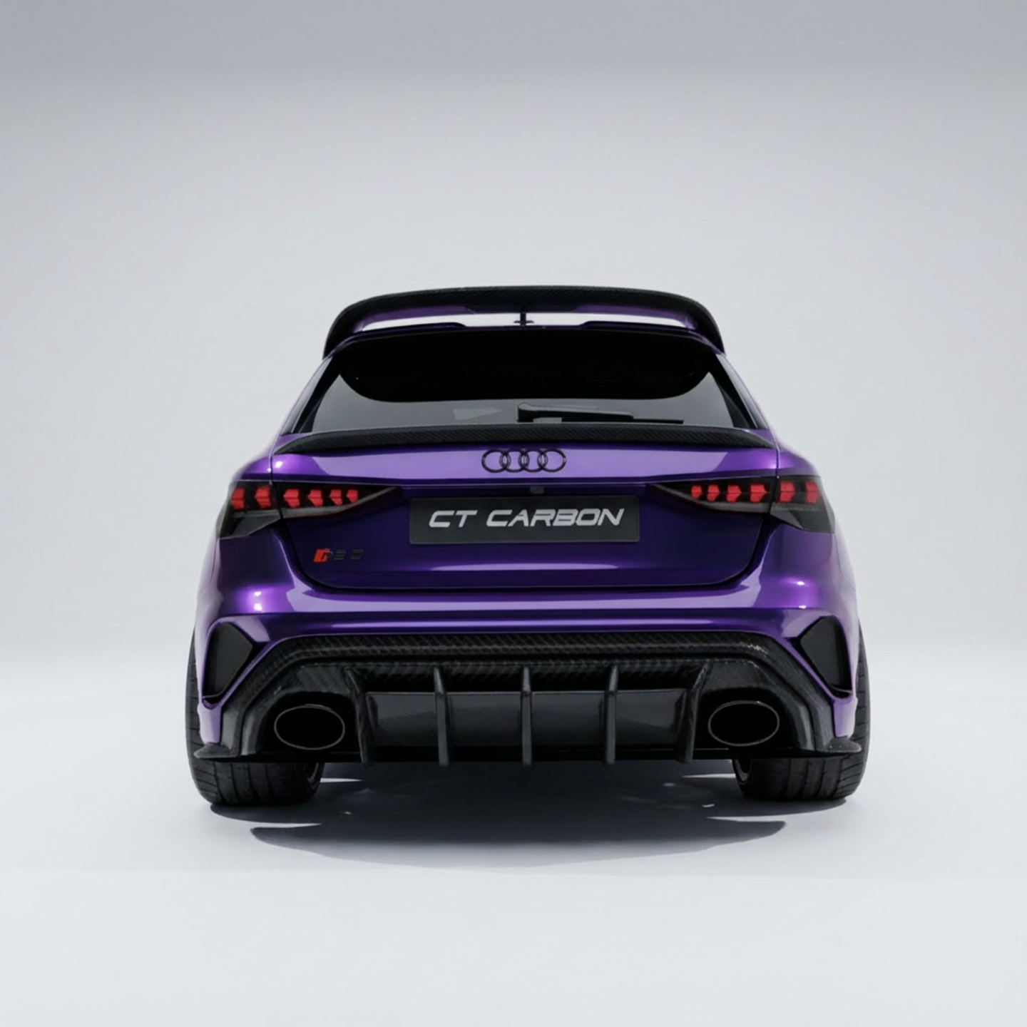 Carbon fiber spoiler for Audi A3/S3/RS3 8Y Sportback, CT Design V3, showing sleek aerodynamic design on the vehicle's rear.