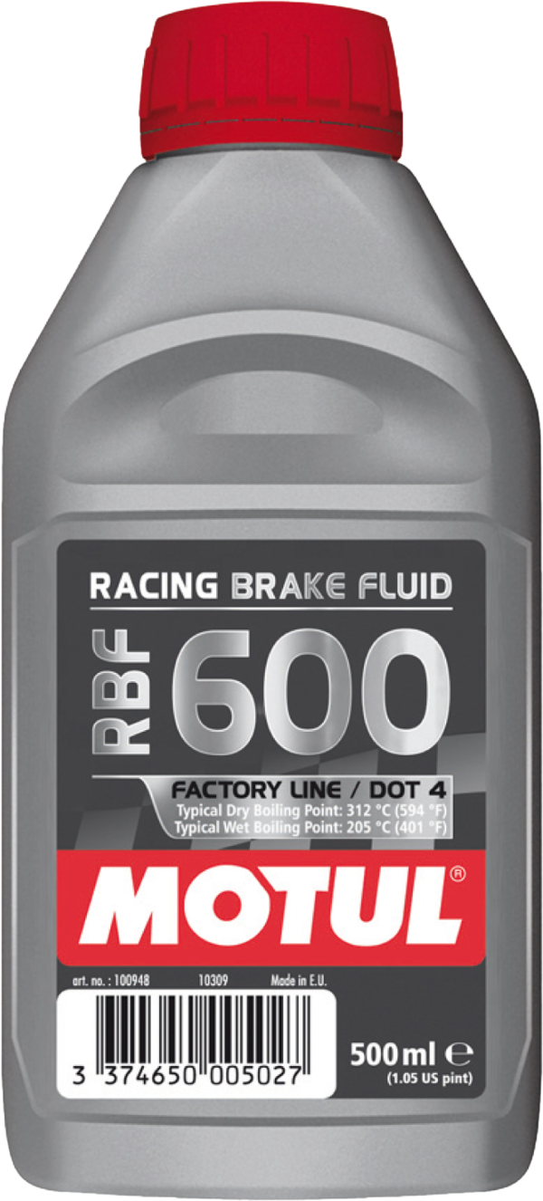Motul RBF 600 Factory Line DOT 4 brake fluid bottle, 500ml container with label and cap visible.