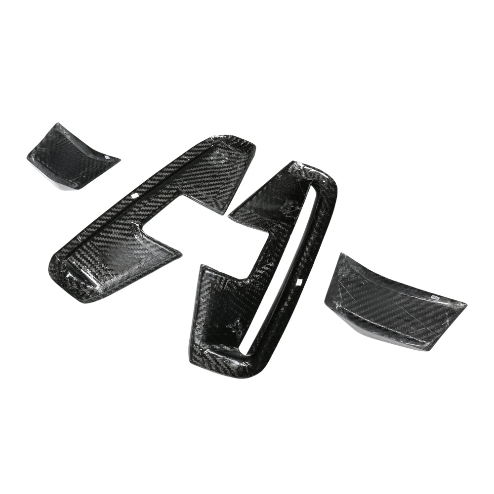 CT Carbon BMW 4 Series G22/G23 carbon fiber vent accessories, four-piece set with detailed carbon fiber design and installation details.