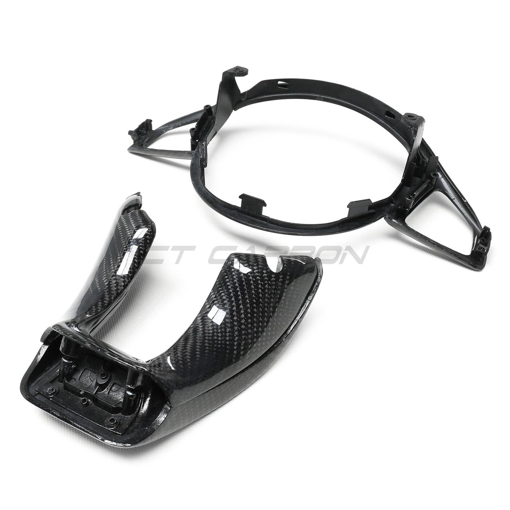 Mercedes AMG carbon fiber steering wheel trim accessory by CT Carbon, showcasing sleek black carbon fiber with detailed craftsmanship.