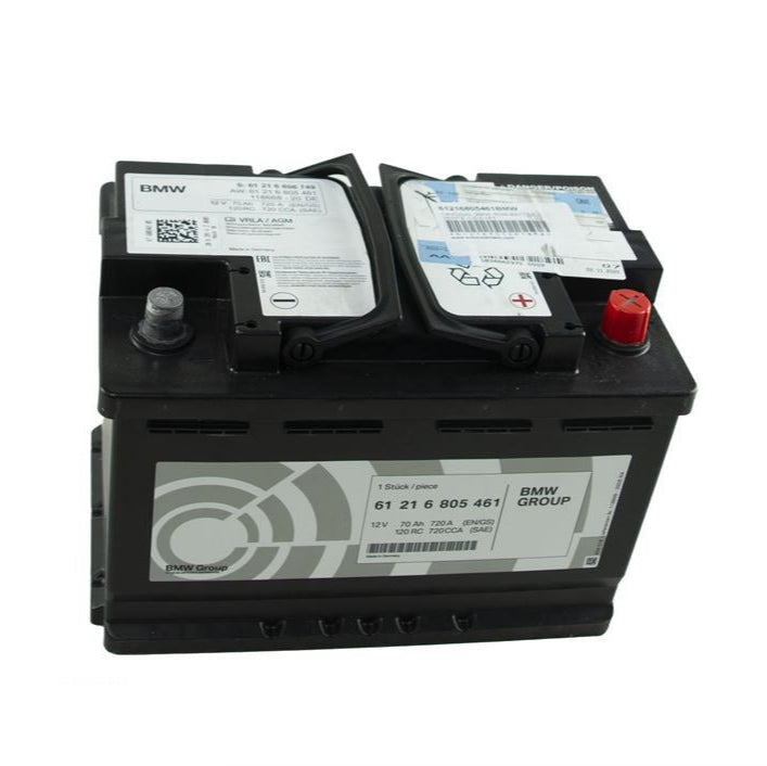 Genuine BMW 70AH AGM 12V car battery with black casing and terminals, designed for vehicle electrical systems.