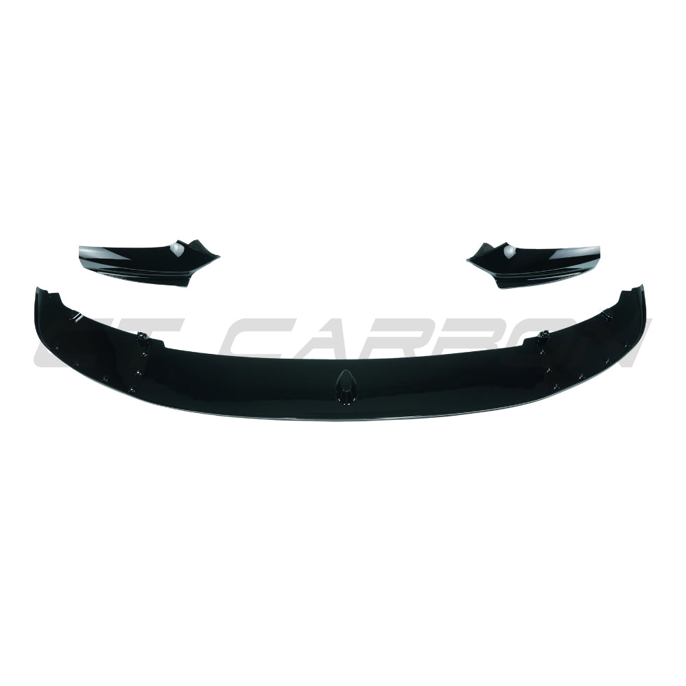 BMW 5 Series F10/F11 2011-2017 CT Carbon gloss black splitter installed on front bumper, showing sleek aerodynamic design.