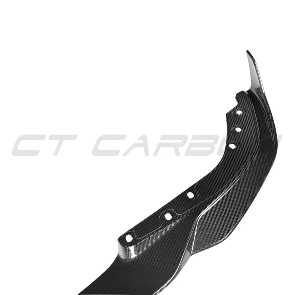 BMW 3 Series G20/G21 2022+ LCI CT Carbon fiber splitter installed on front bumper, showcasing sleek aerodynamic design.