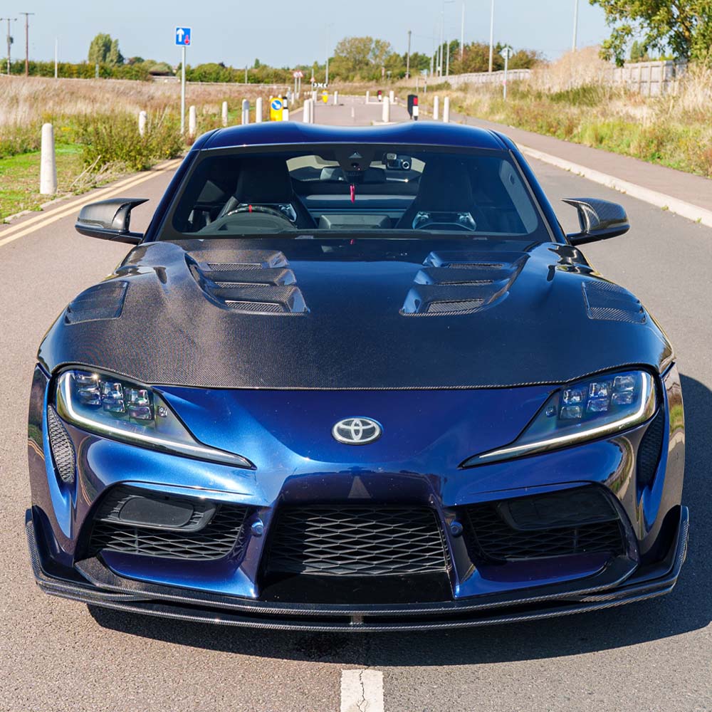 Toyota Supra 2019+ A90 Ultimate Carbon Fibre Kit by CT Carbon, close-up of the sleek carbon fibre components on the sports car