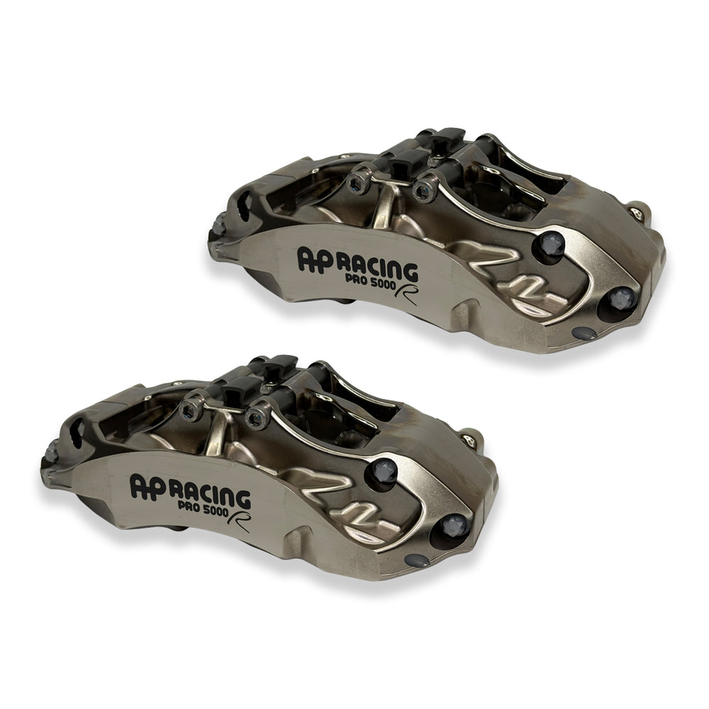 Pair of AP Racing Pro5000R CP9660-2S4LN/3S4LN big brake calipers in nickel finish with 6 pistons for high-performance braking.