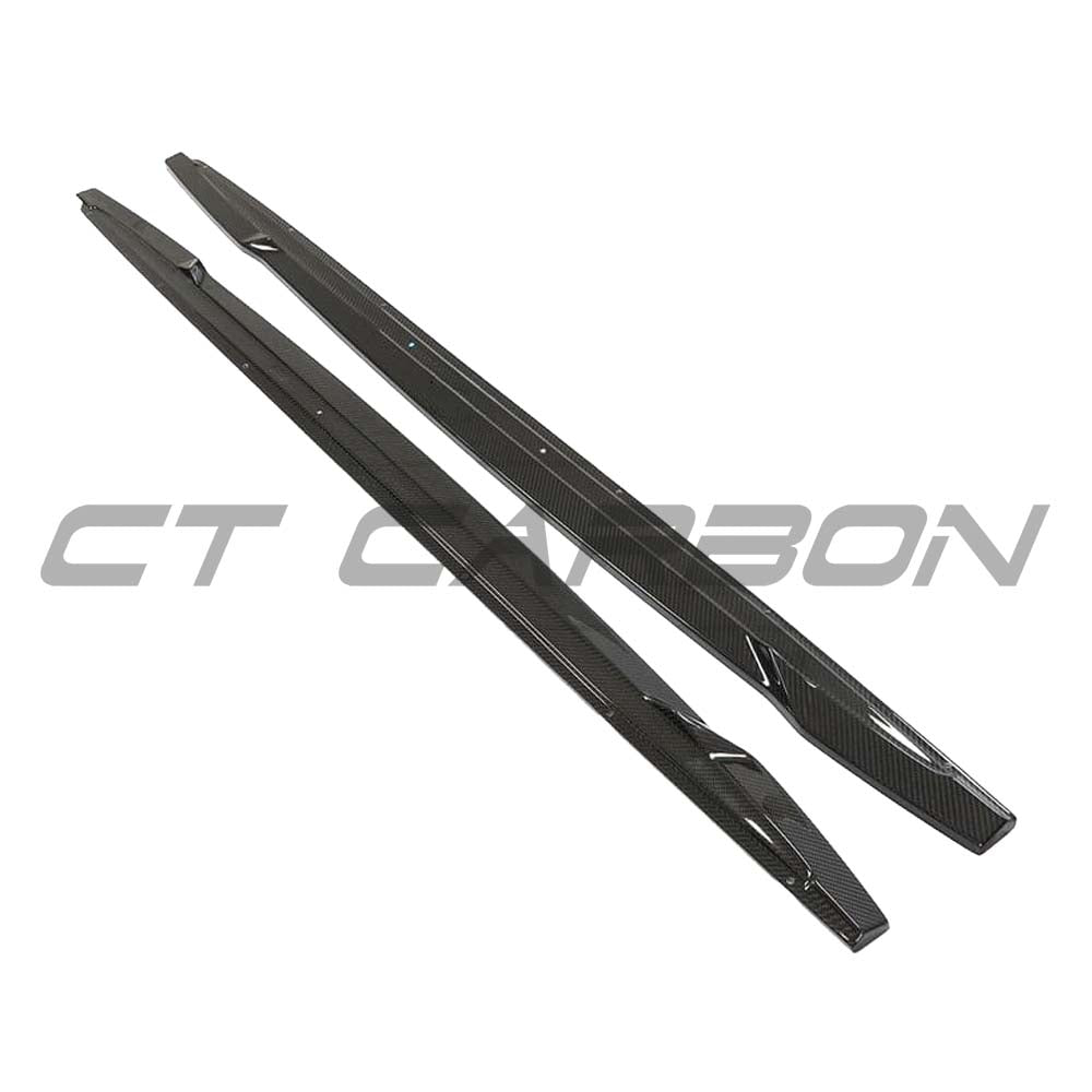 Carbon fibre side skirts for Audi A3 S-Line and S3 8Y 2020+ by CT Design, showing sleek, aerodynamic side panel enhancements.