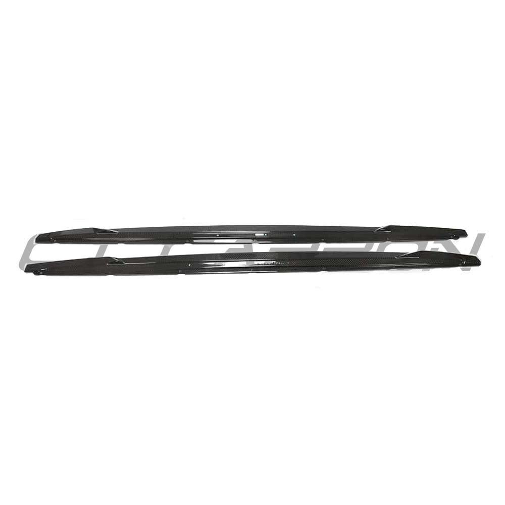 Audi A3 S-Line and S3 8Y carbon fibre side skirts by CT Design, showcasing sleek, aerodynamic styling on a black car.