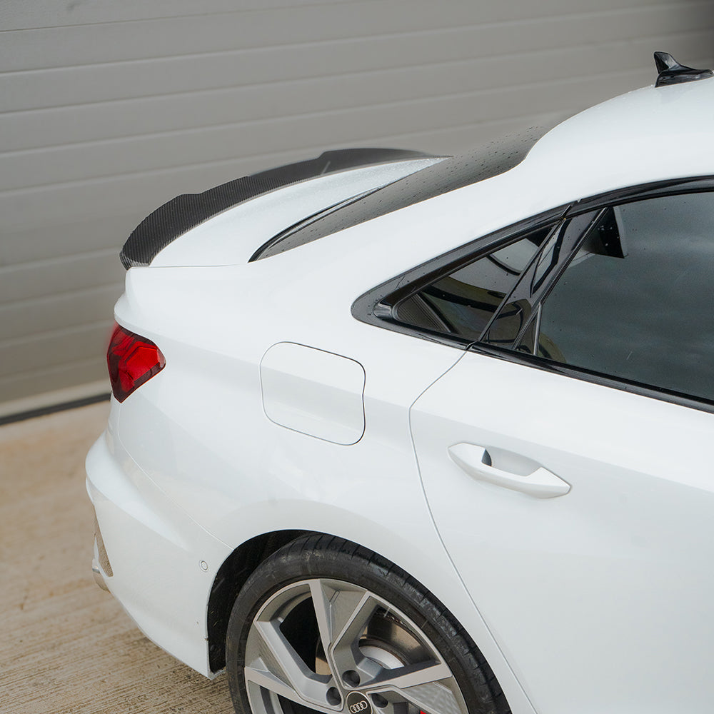 AUDI A3 S3 RS3 8Y 2022+ saloon carbon fibre spoiler by CT Carbon, shown on the vehicle's rear with a sleek finish